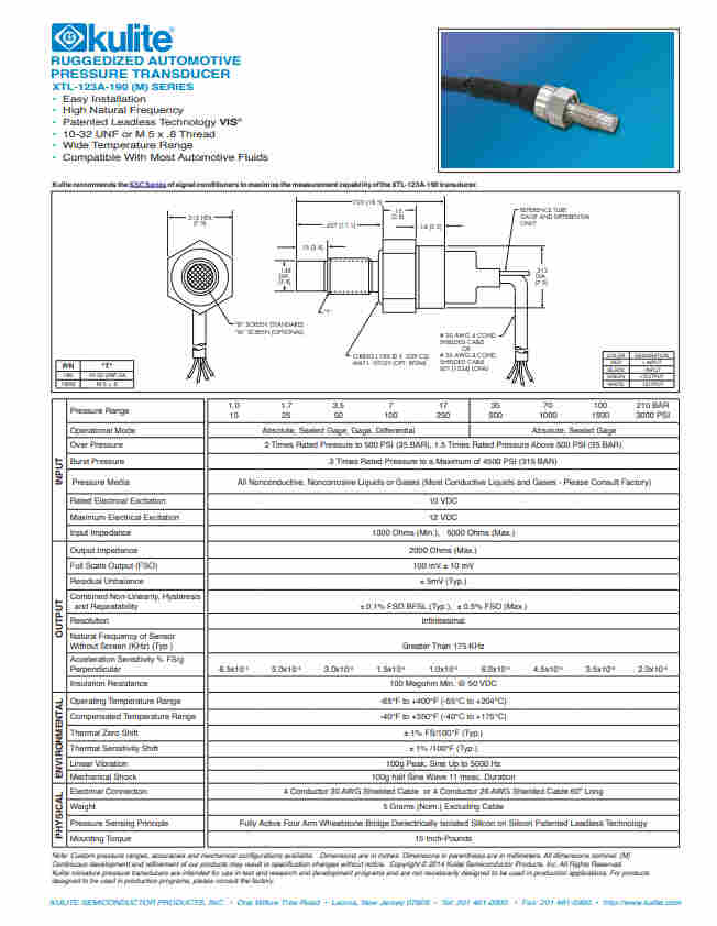 kulite变速箱压力传感器XTL-123GA-190(M)