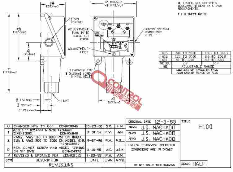 H100-610 H100-612 H100-616 美国UE压力开关的安装尺寸