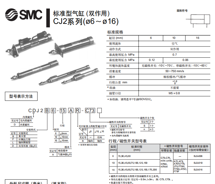 smc单作用标准气缸cj2系列,弹簧压回/出