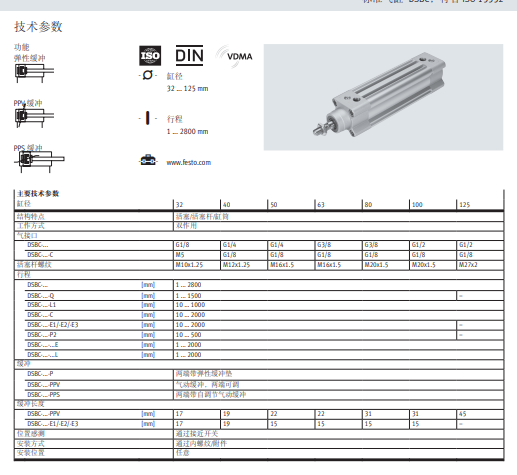 费斯托标准气缸DSBC系列，符合ISO 1552规格书