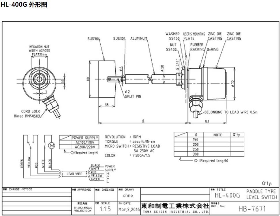 HL-400G轴保护型阻旋料位开关日本东和TOWA  SEIDEN