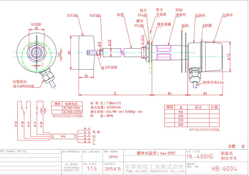 HL-400HG耐热保护管型阻旋料位计日本东和TOWA