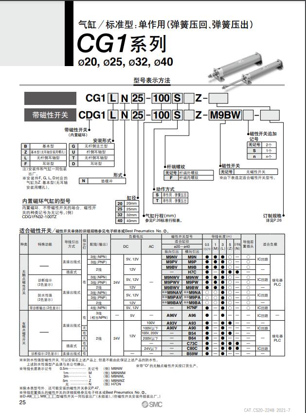 SMC單作用氣缸CDG1TN32-75Z-V-M9B