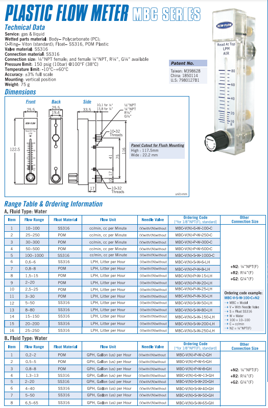 台湾New-Flow转子流量计变面积流量计技术数据