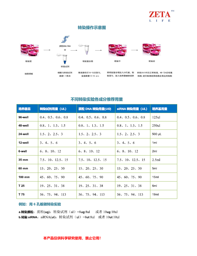 ZetaLife Advanced系列高效DNA RNA 转染试剂操作说明书