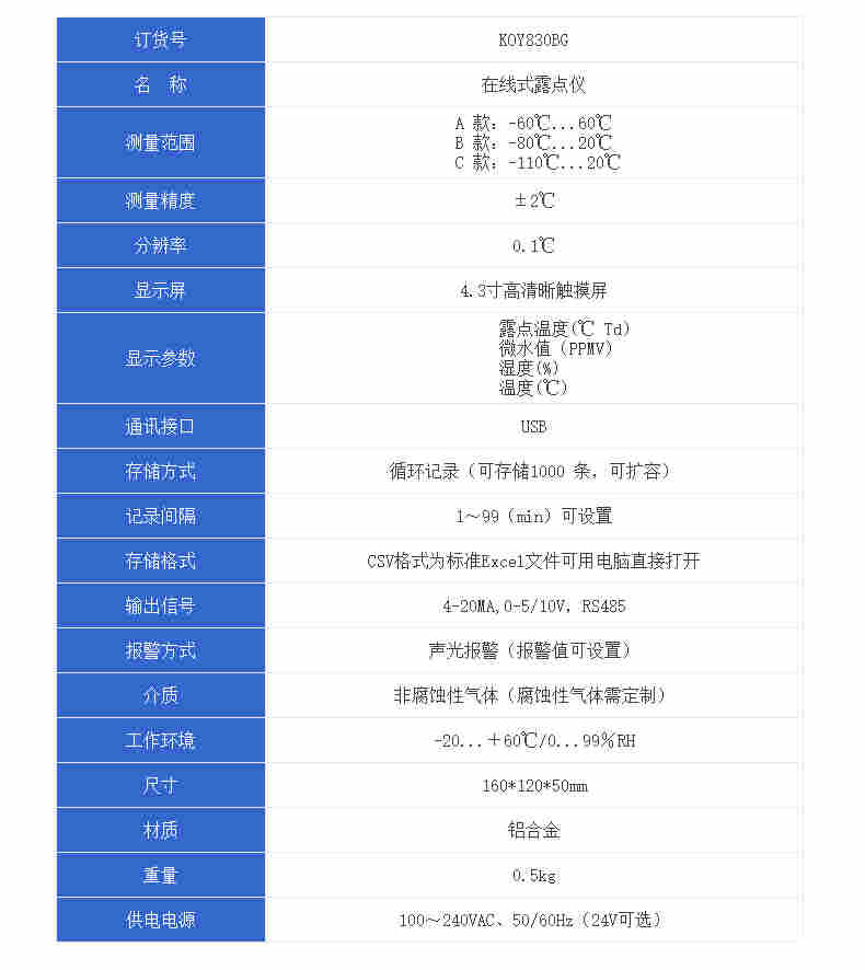KOY830BG在线式露点仪 锂电池露点仪 变送器 微水仪 触摸屏显示