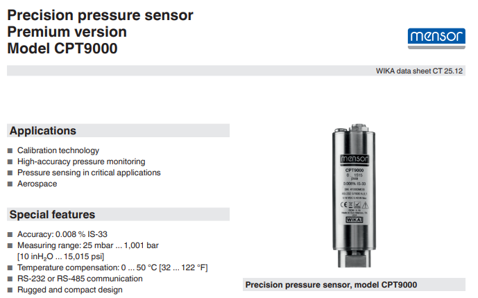 WIKA威卡代理Mensor系列高精度数字压力传感器CPT9000