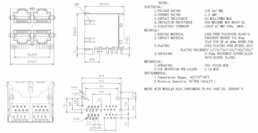 RJ45 Connector 2x2 Port 8P8C Without Led Module Ja